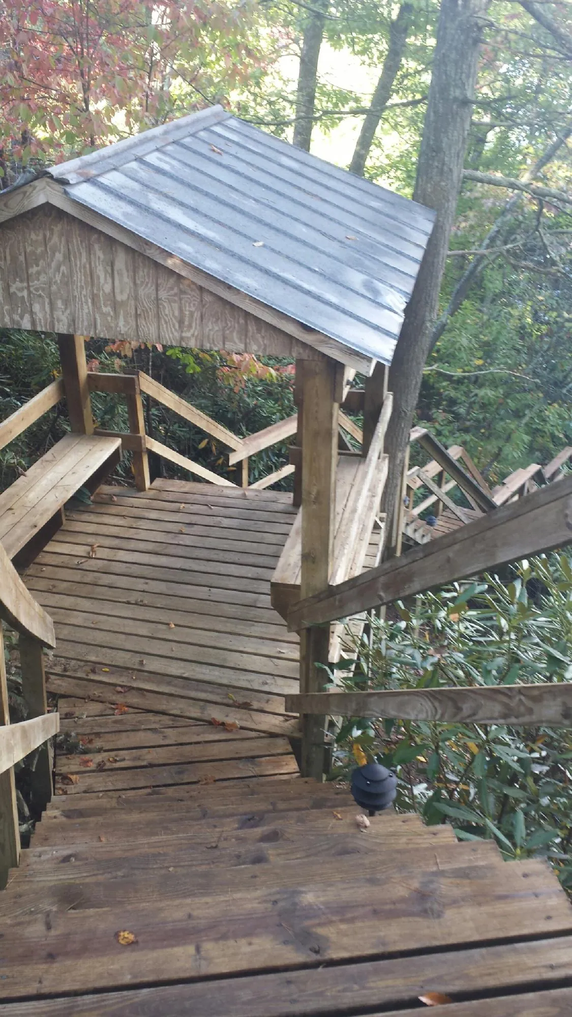 Metal roofed shelter over wooden steps on a wooded walkway — Skylight Repair & Installation work by our crew in Hayes